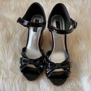 WHBM Black Patent “Marta” Cork Wedges, size 9.5